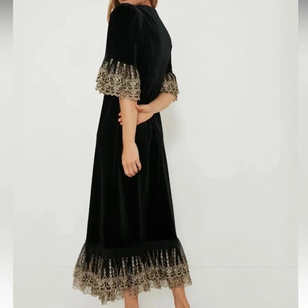 Tuckernuck Pomander Place Velvet Lilith Maxi Dress Sz M Black Gold Lace Trim NEW